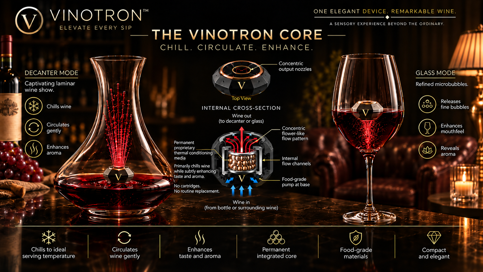 VinoTron core architecture visual showing decanter mode, glass mode, and internal cross-section