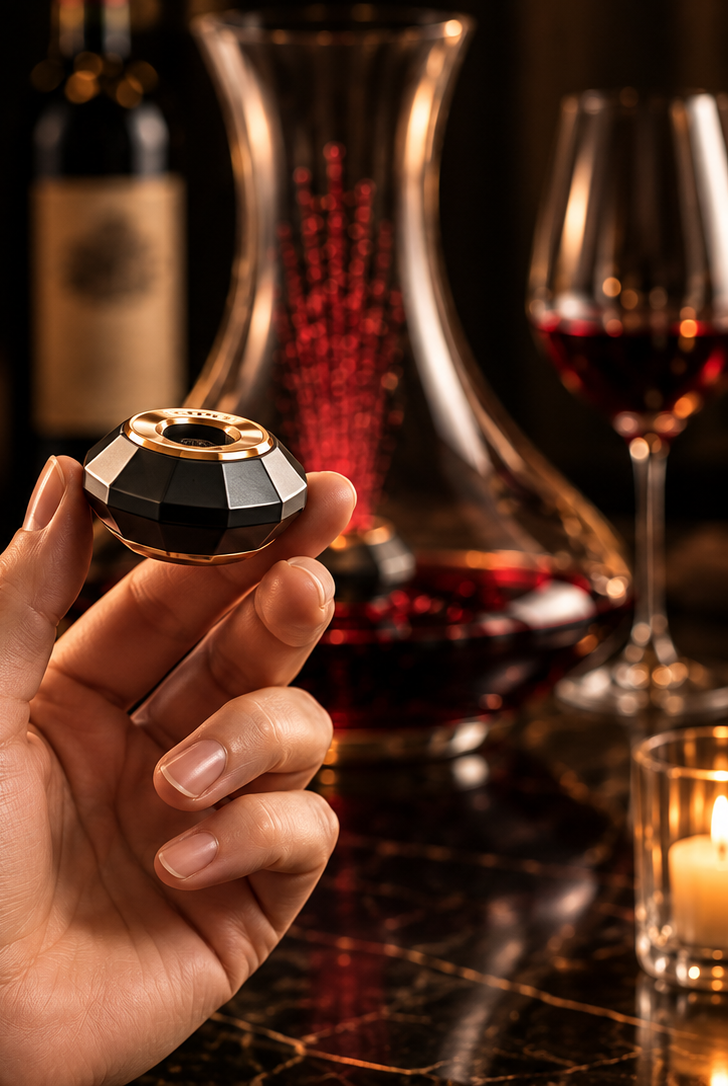 VinoTron compact black and gold target device held in an adult hand for scale