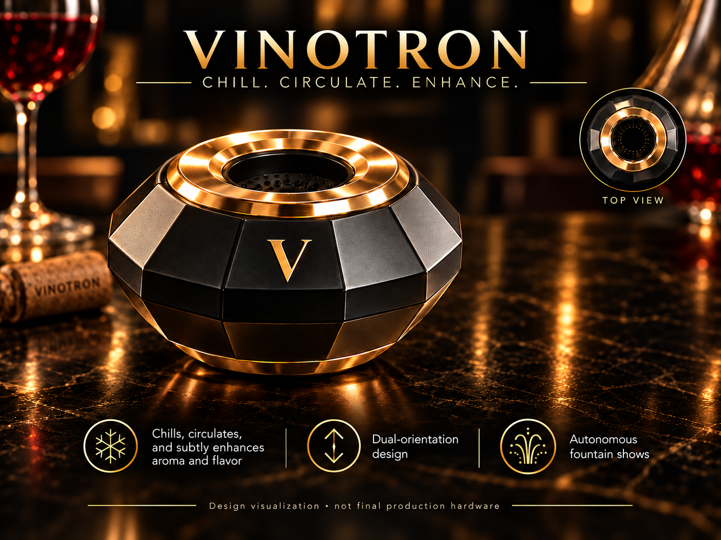 Close-up product visualization of the VinoTron device