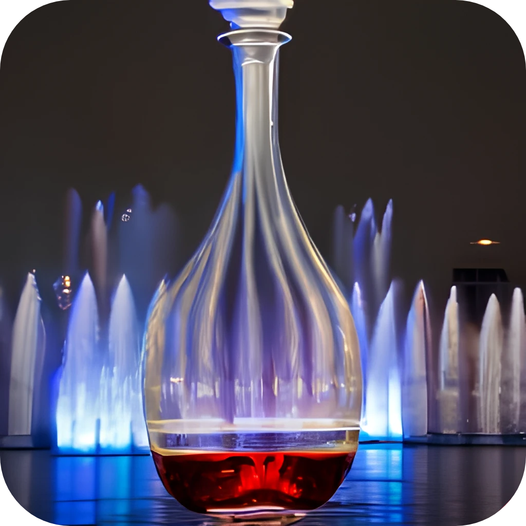Early VinoTron concept image pairing a decanter with theatrical fountains